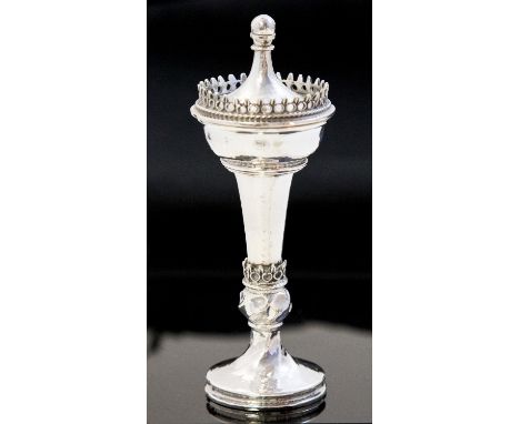 Omar Ramsden, an Arts and Crafts silver travelling communion chalice, hand hammered, in the Gothic Revival style, of trumpet 