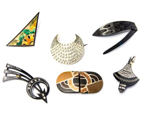 A collection of Art Deco or later celluloid pins and clip, various forms, some set with rhinestones (6)