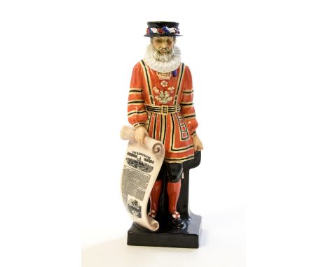 A Royal Doulton, Standing Beefeater figure, circa 1924, modelled holding a first edition of the Illustrated London News, prin