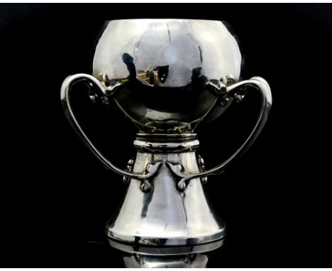 An Arts and Crafts silver three handled pedestal cup, Art Nouveau style, the spherical bowl with naturalistic tendril handles