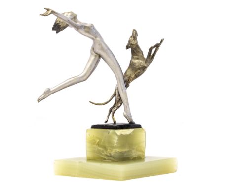 After Josef Lorenzl, an Art Deco bronze figure of a nude woman with dog, circa 1925, on green onyx base, unsigned, 22cm high