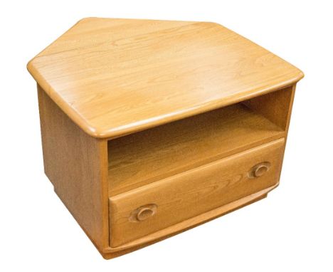An Ercol Windsor TV cabinet or coffee table, light elm, a single drawer below an open shelf, the top with a drop leaf back,73