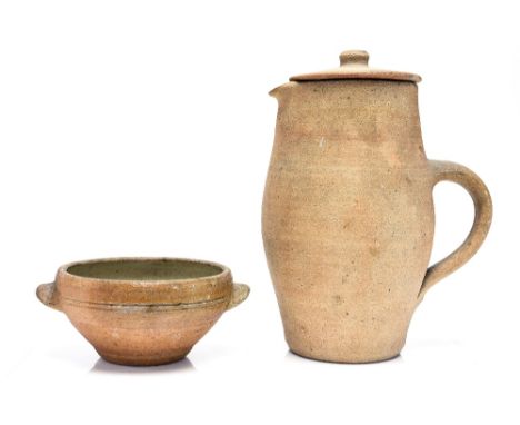 David and Bernard Leach, a St Ives studio pottery coffee pot and bowl, circa 1940, celadon glazed to the interior, unglazed t