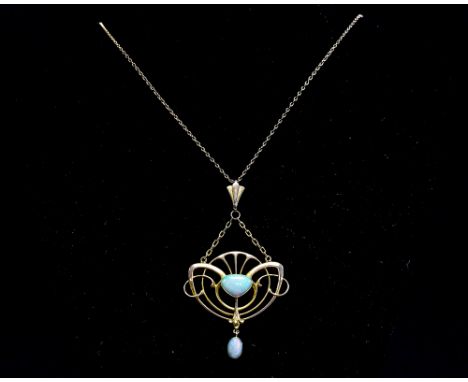 Barnet Henry Joseph, an Arts and Crafts 9 carat gold and opal pendant on chain, in the Art Nouveau style, sinuous openwork de