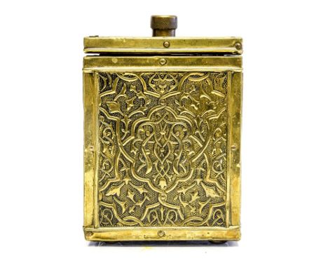 An Arts and Crafts Anglo Persian brass tea caddy, the square section wooden carcass panelled with Islamic repousse decoration