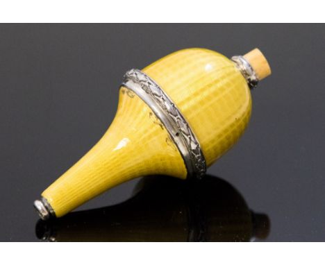 An early 20th century yellow guilloche enamelled bell pull, with electrical contact and bone push button, ogee baluster form 