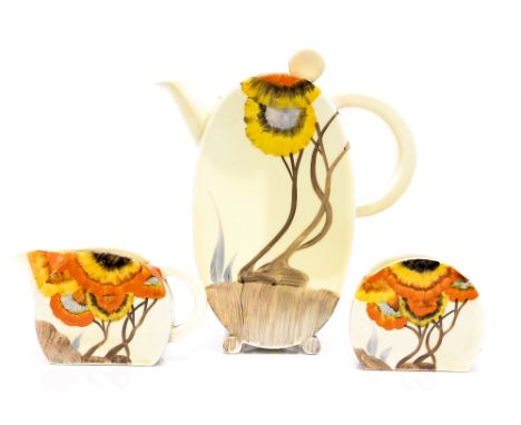 Clarice Cliff  for Wilkinson, a Rhodanthe pattern Bonjour shape coffee set, including pot, cream jug and sugar bowl, Bizarre 