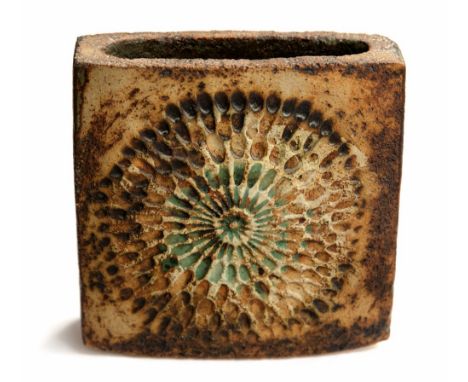 Alan Wallwork, a textured studio pottery vase, slab form with low relief rosettes to each side, apparently unmarked, 16cm squ