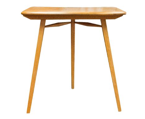 An Ercol three legged table, light elm and ash, shaped top, 71cm wide, 48cm deep, 72cm high