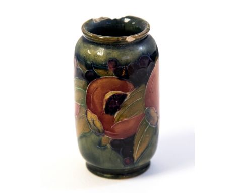 William Moorcroft, a Pomegranate miniature vase, cylider form, underglaze green signature, 8cm high