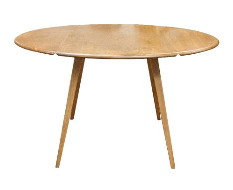 An Ercol light elm and ash drop leaf table, circular top, tapered legs