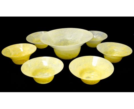 An Art Deco Nazeing glass dessert or fruit set, yellow cloudy bubble glass, flared rims, including large bowl and six small b