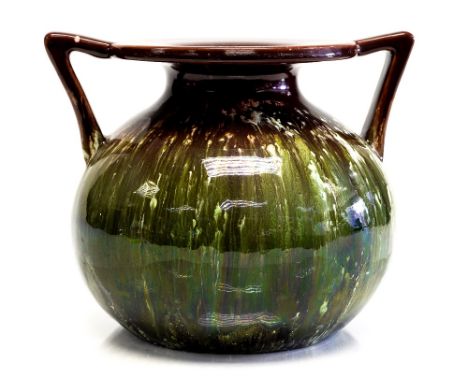 Christopher Dresser for Ault (attributed), an Art Pottery vase, globular form with angled handles and wide disk rim, glazed i