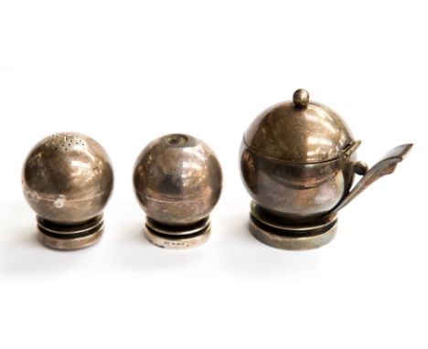 Harald Nielsen for Georg Jensen, an Art Deco silver three piece Pyramid cruet set, designed circa 1926, spherical form on ste