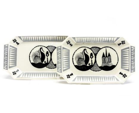 Scottie Wilson for Royal Worcester, a graduated pair of trays, circa 1960, large 33.5cm by 16cm, small 26.5cm by 16cm, (2)


