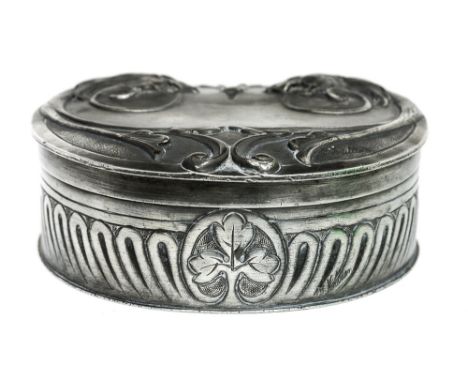 Antoine Villien, a French Art Nouveau pewter box, cast in relief with Renaissance revival style lions heads and foliate scrol