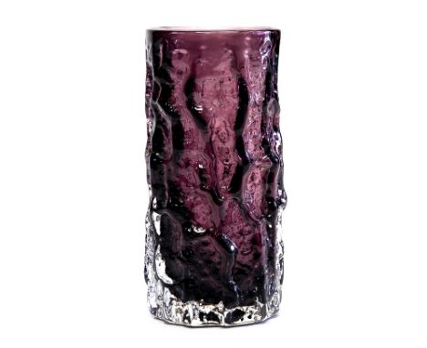 Geoffrey Baxter for Whitefriars, an Amethyst glass bark effect cylinder vase, 14cm high