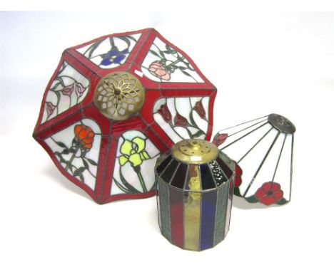 THREE DECORATIVE LEADED AND STAINED GLASS CEILING LIGHT FITTINGS the largest floral decorated example of hexagonal shape, 52.