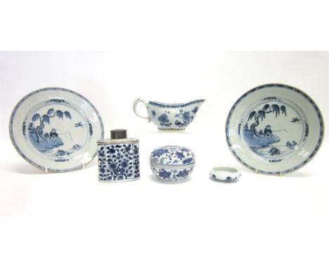 A GROUP OF CHINESE EXPORT WARE to include pair of plates 23cm diameter painted with scenes of a fisherman, sauce boat with fo