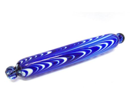 A VICTORIAN NAILSEA GLASS ROLLING PIN with swirled blue and white decoration 46cm long