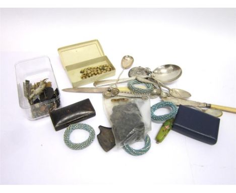 A SILVER SPOON pair of sugar tongs; a Victorian butter knife with a silver blade; a silver teaspoon; a silver salt spoon; pla
