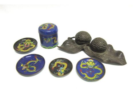 A TREEN INKWELL modelled as a leaf and a pair of nuts, 25cm long; together with a cloisonne lidded jar, 8cm high, 7.5cm diame