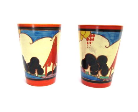A PAIR OF CLARICE CLIFF 'SUMMERHOUSE' PATTERN BEAKERS, painted decoration of a stylised garden with pagoda and tree between r