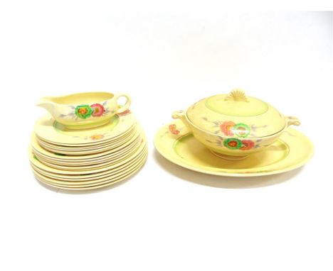 CLARICE CLIFF NEWPORT POTTERY PART DINNER SERVICE in the 'Sundew' pattern, comprising oval meat plate, sauce boat, circular l