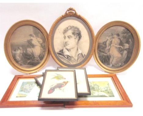 A GROUP OF PICTURES INCLUDING PAIR OF STIPPLE ENGRAVINGS 30cm x 24cm, gilt framed oval head and shoulders portrait, collectio