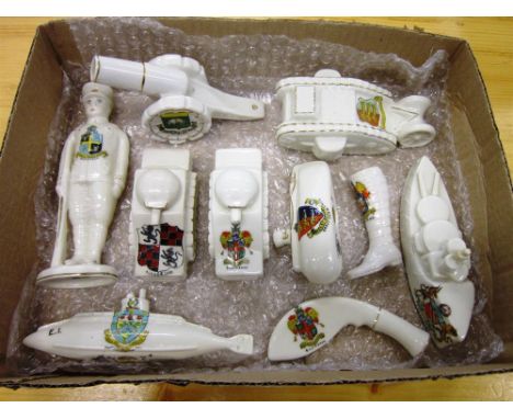 ASSORTED CRESTED CHINA OF GREAT WAR INTEREST by Carlton, Arcadian and others, (10, many damaged and / or restored).