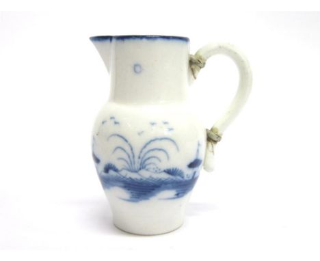 A CAUGHLEY 18TH CENTURY MINIATURE SPARROW BEAK JUG, underglaze blue painted in the 'Island' pattern, (old repair to loop hand