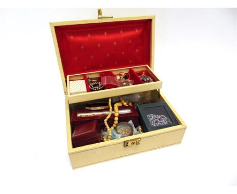 A QUALITY OF ASSORTED COSTUME JEWELLERY some items cased, other loose goods in a jewellery case; with a tapestry style bag, a
