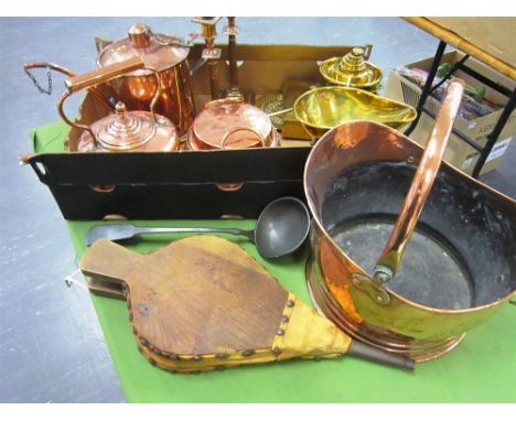 ASSORTED METALWARE  including copper coal bucket, kettle, pair of candlesticks, oil can, pair brass scales and weights, pair 