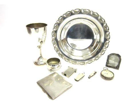 A SILVER GOBLET SHAPED TROPHY CUP Birmingham 1912; with a silver cigarette cane; a continental silver coloured cased open fac