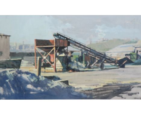 •GORDON RADFORD (b.1936)  GOUACHE Conveyor belt in an industrial yard Signed lower right  10" x 16 1/2" (25.5cm x 42cm) 