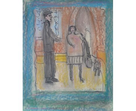 •JOHN THOMPSON (1924-2011) MIXED MEDIA Man and woman with dog outside a shop, figure through an arch in the background Signed