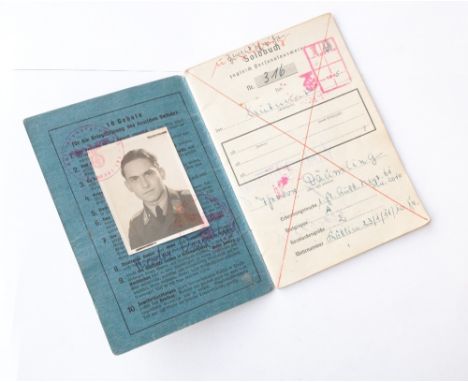 WWII GERMAN LUFTWAFFE PILOT OFFICER'S SOLDBUCH
wartime replacement issue, with uniform portrait photograph, various entries a