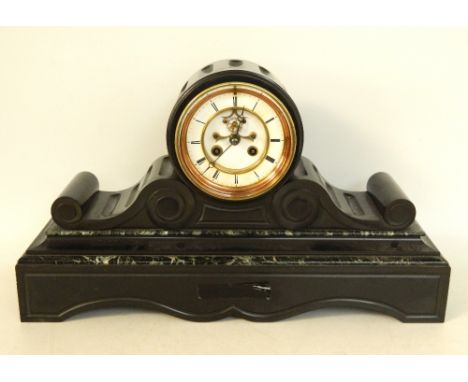 VICTORIAN BLACK SLATE AND MARBLE MANTLE CLOCK
with a drum eight day movement and enamelled dial with a visible escapement, wi