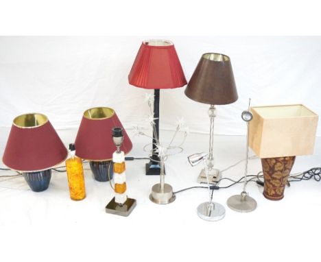 SELECTION OF TABLE LAMPS
including a star burst lamp, two office desk lamps, pair of pottery lamps with shades, an orange res