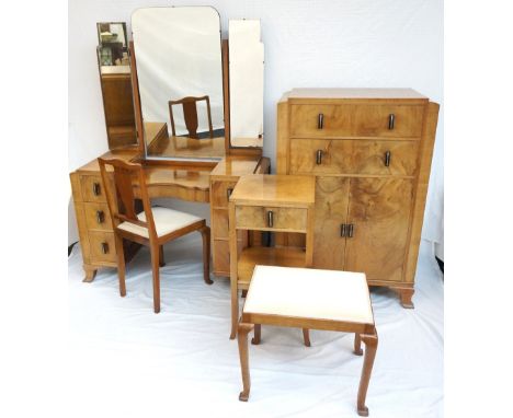 WYLIE AND LOCHHEAD ART DECO WALNUT BEDROOM SUITE
comprising a triple mirror back kneehole dressing table with a shaped centra