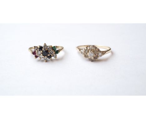 TWO GEM SET CLUSTER RINGS
both in nine carat gold, both set with CZ, one also with ruby, emerald and sapphire (2)