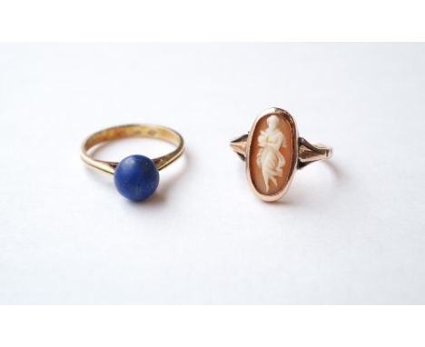 CAMEO DRESS RING
on nine carat gold shank, and a lapis lazuli bead set ring in fourteen carat gold, ring sizes H-I and J-K re