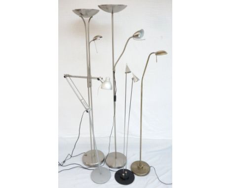 CHROME STANDARD LAMP UPLIGHTER
with adjustable secondary arm, both with dimmer switches, on a circular base, 180cm high; brus
