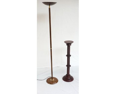 STAINED OAK TORCHERE
with a circular top above a spiral turned column, 99cm high, together with a metal up lighter standard l
