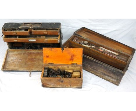 VINTAGE PORTABLE PINE TOOL CHEST
with fold-down front revealing fitted drawers and lower compartment, with carrying handles, 