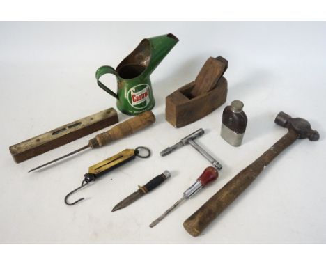 SMALL COLLECTION OF VINTAGE TOOLS AND IMPLEMENTS
including a brass mounted spirit level and Hughes's Pocket Balance, wood pla