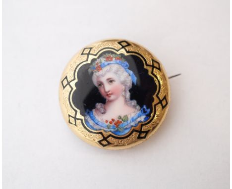 19th CENTURY HIGH CARAT GOLD AND ENAMEL PORTRAIT BROOCH
with image of a young lady, 3cm diameter, approximately 6 grams