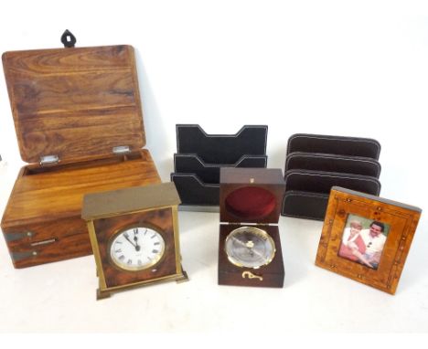 TEAK STATIONARY BOX
with a fitted interior, two letter racks, a brass and faux tortoise shell mantle clock, mahogany cased po