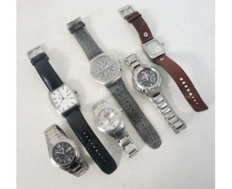 SIX GENTLEMAN'S STAINLESS STEEL WRISTWATCHES
Swatch Irony with leather strap, Casio G with bracelet link strap, Kahuna10 ATM 