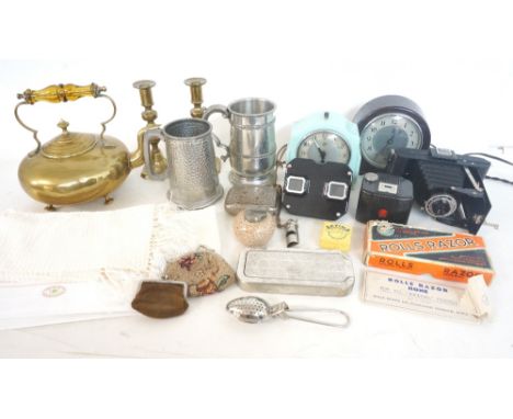 LOT OF COLLECTABLES
including a ceramic inkwell modelled as a curling stone, brass toddy kettle, Rolls Razors, View-Master wi